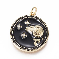 Овен Латунные микро проложить кубического циркония подвески, с эмалью и кольцом для прыжков, плоский круглый с созвездиями, золотые, Овен, 23x21x2.5 мм, отверстие : 3 мм