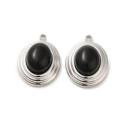 Black Onyx Подвески из натурального черного оникса (окрашенные и нагретые), 304 из нержавеющей стали овальные амулеты, цвет нержавеющей стали, 18.5x13.5x8 мм, отверстие : 1.4 мм