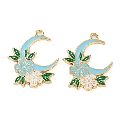 Светло-Синий Стойки обшивки сплава эмали подвески, золотые, луна с цветочным шармом, голубой, 31x24x2 мм, отверстие : 2 мм