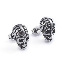 Antique Silver Retro 304 Stainless Steel Stud Earrings, with Ear Nuts, Skull, Antique Silver, 13x8mm, Pin: 0.6mm