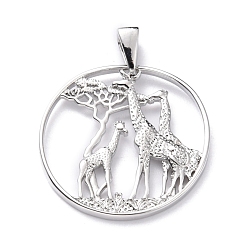 Платина Латунные подвески, долговечный, плоские круглые с жирафом, платина, 28x2 мм, отверстие : 6x3.4 мм