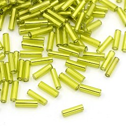 Желто-Зеленый Стеклярус, серебряная линия, желто-зеленый, 6~8x1.8 мм, отверстие : 0.6 мм, 10000 шт / фунт