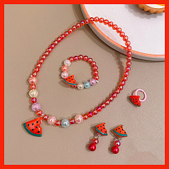 Арбуз Фрукты пластиковые ожерелья и браслеты и серьги и кольца наборы для детей, арбуз, ожерелья: 380мм; браслеты: 44мм внутренний диаметр; серьги: 40мм; кольца: 14мм внутренний диаметр