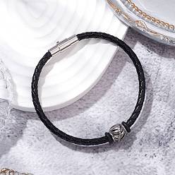 Круглые Плетеные браслеты шнур кожаный, с европейскими бусинами из нержавеющей стали и магнитными застежками, круглые, внутренний диаметр: 2-1/4 дюйм (5.8 см)