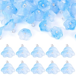 Cornflower Blue 38Pcs Glass Charms, Flower, with Platinum Tone Brass Loop & Glitter Powder, Gradient Color, Cornflower Blue, 10.5x11mm, Hole: 2mm