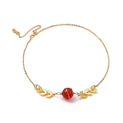Natural Agate Adjustable Brass Slider Bracelets, with Natural Agate Beads and Cable Chains, Real 18K Gold Plated, Inner Diameter: 3 inch(7.6cm)