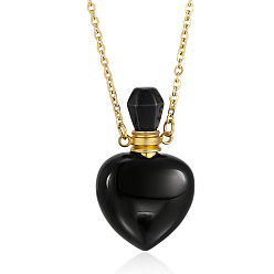 Obsidiana 1Colgantes de frascos de perfume con forma de corazón y piedras preciosas naturales (pc), con cadenas de aleación, dorado, 17.68 pulgada (44.9 cm)