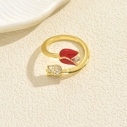 Золотой Регулируемые латунные манжеты с микропаве из кубического циркония открытые кольца для женщин, цветок, с эмалью, золотые, 16 мм, внутренний диаметр: 16мм~18мм