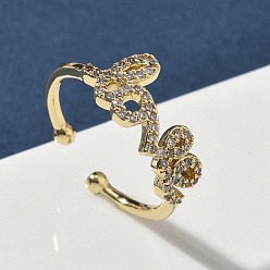 Настоящее золото 18K Латунные микро проложить манжеты кольца кубического циркония, Слово любовь, долговечный, стойки покрытие, без свинца и без кадмия, реальный 18 k позолоченный, 8 мм