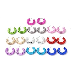 Mixed Color Textured Acrylic Ring Stud Earrings, Half Hoop Earrings with 316 Surgical Stainless Steel Pins, Mixed Color, 30x7mm