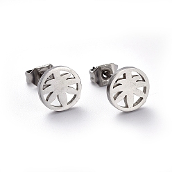 Stainless Steel Color Tarnish Resistant 304 Stainless Steel Stud Earrings, Hypoallergenic Earrings, Flat Round with Leaf, Stainless Steel Color, 7.5mm, Pin: 0.7mm, 12pairs/board