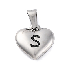 Letter S 304 подвески из нержавеющей стали, сердце с черной буквой, цвет нержавеющей стали, Письмо с, 16x16x4.5 мм, отверстие : 7x3 мм