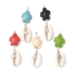 (52) Непрозрачная лаванда Подвески из натуральных смешанных ракушек каури, черепаха, с железной петлей-булавкой, латунными бусинами, синтетическими бирюзовыми бусинами и платиновой медной проволокой, разноцветные, 45~48x14x10~10.5 мм, отверстие : 3.5 мм