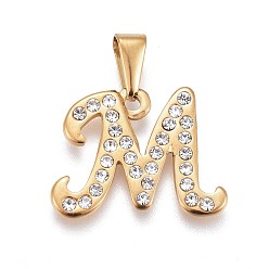 Letter M 304 Stainless Steel Pendants, with Rhinestone, Letter, Letter.M, 17.5x23x2mm, Hole: 3~3.5x7.5~8mm