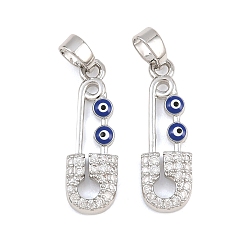 Platinum Brass Micro Pave Clear Cubic Zirconia Pendants, with Blue Enamel, Safety Pin with Evil Eye Charms, Platinum, 21x7x2.5mm, Hole: 5x3mm