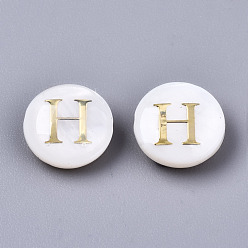 Letter H Natural Freshwater Shell Beads, with Golden Plated Brass Etched Metal Embellishments, Flat Round, Seashell Color, Letter.H, 8x3~5mm, Hole: 0.5~07mm