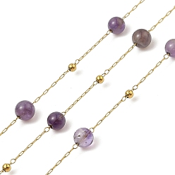 Средний Фиолетовый Ионное покрытие (ip) 304 звенья цепи из нержавеющей стали, с катушкой, с аметистом, пайки, реальный 18 k позолоченный, средне фиолетовый, 6 мм, золотые бусины: 3 мм, интервал между связями: 21.5мм, футы(10м)/рулон