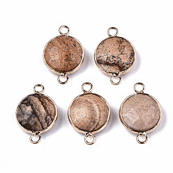 Пейзажный Джаспер Соединители для картинок из яшмы, с легкой позолоченной латунной фурнитурой, граненые, плоско-круглые, 23~24x15~15x5~6 мм, отверстие : 2 мм