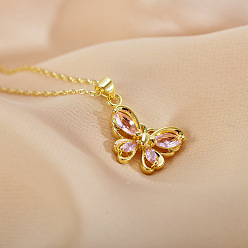 Бледно-Розовый Латунные ожерелья с подвеской в виде бабочки из кубического циркония, 316l ожерелья из хирургической нержавеющей стали с цепочкой для женщин, золотые, розовый жемчуг, 17.72 дюйм (45 см)