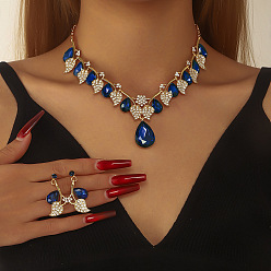 Темно-Синий Ожерелья с подвесками из сплава, стразов и стекла и серьги-гвоздики, золотые, слеза с листом, темно-синий, колье: 19.69 дюйм (50 см)