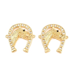 Real 18K Gold Plated Brass Micro Pave Clear Cubic Zirconia Connector Charms, Horseshoe with Horse Links, Real 18K Gold Plated, 24x24x4.5mm, Hole: 1.2mm