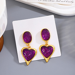 Фиолетовый Серьги-гвоздики из цинкового сплава и смолы., сердце, золотые, фиолетовые, 55x25 мм