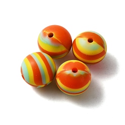 Orange Red Silicone Beads, Round with Stripe Pattern, Orange Red, 15x15mm, Hole: 2mm