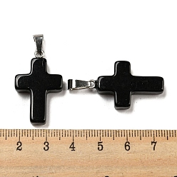 Черный Стекло подвеска, с фурнитурой платина железная, крест прелести, чёрные, 29x18x5.5 мм, отверстие : 7x3.5 мм
