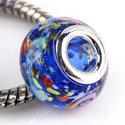 Синий Rondelle Lampwork большого отверстия европейские шарики, с латунными ярдами серебянного цвета , синие, 13~14x10~11 мм, отверстие : 5 мм