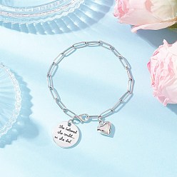 Нержавеющая Сталь Цвет 304 браслеты с подвесками из нержавеющей стали в виде цепочек-скрепок для женщин, Сердце & плоские круглые, с цинковым сплавом застежками омаров коготь, цвет нержавеющей стали, 7-7/8 дюйм (20 см), плоско-круглые: 20x1.5 mm