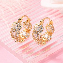 Настоящее золото 18K Латунные серьги обруча, со стеклом, реальный 18 k позолоченный, 22.5x20.5x9 мм