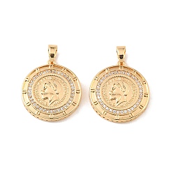 Настоящее золото 18K Подвески из латуни и прозрачного циркония, плоские круглые подвески с изображением человека, реальный 18 k позолоченный, 26x23.5x4 мм, отверстие : 6.5x4 мм