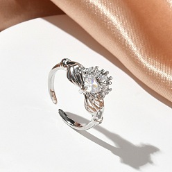 Платина Открытые кольца манжеты из латуни с микропаве и кубическим цирконием, сердце, без кадмия и без свинца, стойки покрытие, долговечный, платина, 10.5 мм, размер США 6 (16.5 мм)