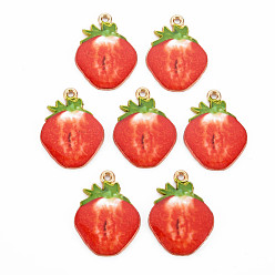 Красный Светло-золотого сплава эмали подвески, без кадмия, без никеля и без свинца, ломтик клубники, красные, 26x19x2 мм, отверстие : 1.6 мм