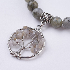 Labradorite Gemstone Stretch Bracelets, with Tibetan Style Pendants, Tree of Life, 2 inch(52mm)