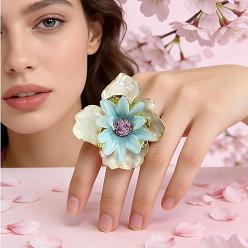 Light Cyan Iron & Plastic & Enamel Cuff Open Rings, Flower, Golden, Light Cyan, 18mm