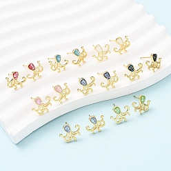 Настоящее золото 18K Серьги-гвоздики с осьминогом из латуни и эмали, с ракушками и булавками из стерлингового серебра, долговечный, без кадмия, без никеля и без свинца, реальный 18 k позолоченный, 11x13 мм