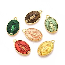 (52) Непрозрачная лаванда Латунь эмаль подвески, без кадмия, без никеля и без свинца, долговечный, овальный со святым, золотые, разноцветные, 19.5x12x2 мм, отверстие : 1.5 мм