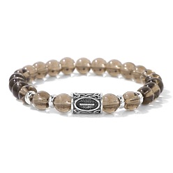Cuarzo Ahumado Pulseras elásticas redondas de cuentas de cuarzo ahumado natural de aleación con runas vikingas nórdicas 8mm, plata antigua, 7.48 pulgada (19 cm)