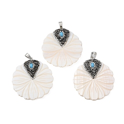 Platinum Natural White Shell Pendants, Flat Round Charms with Iron Polymer Clay Rhinestone Findings, Platinum, 48x45x5.5mm, Hole: 6x4.5mm