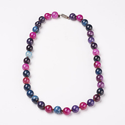Colorful Natural Dyed Agate Beads Necklaces, with Brass Lobster Claw Clasps, Round, Colorful, Beads: 8mm, 18.9 inch(48cm)
