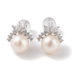 Цветок Серьги-гвоздики из стерлингового серебра с защитой от потускнения, с натуральным жемчугом и фианитом, украшения для женщин, цветок, 12x10.5 мм