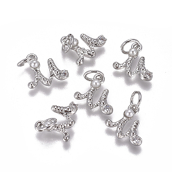 Letter M Латунь прелести, с фианитами и оболочки жемчужиной шарик, буквы, платина, прозрачные, letter.m, 9.5~11x3.5~10.8x3~3.5 мм, отверстие : 3.5 мм