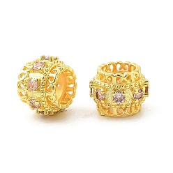 Розовый Латунные микро проложить Цирконий Европейский бисером, бусины с большим отверстием, рондель, стойки покрытие, без кадмия и без свинца, долговечный, золотые, туманная роза, 10.5x7.5~8 мм, отверстие : 5.3 мм