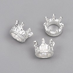 Серебро Сплавочные бусины, корона, бусины с большим отверстием, серебряные, 10.5x7 мм, отверстие : 6 мм