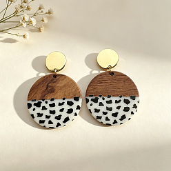 Coconut Brown Alloy Resin Stud Earrings, Flat Round, Resin & Wood Dangle Earrings for Women, Golden, Coconut Brown, 51x35mm