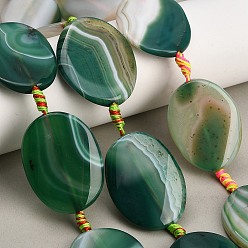 Dark Green Natural Banded Agate Beads Strands, Dyed & Heated, Twisted Flat Oval, Dark Green, 38.5~41.5x28.5~31.5x5.5~7.5mm, Hole: 2mm, about 8pcs/strand, 15.43~16.34''(39.2~41.5cm)