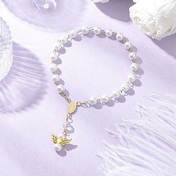 Античное Золото Браслеты с подвесками в виде ангела из сплава в тибетском стиле, браслеты из круглых бусин из перламутрового стекла, с 304 элементами люстры из нержавеющей стали, античное золото , внутренний диаметр: 2-7/8 дюйм (7.3 см), Кулон : 23x21.5x8 мм