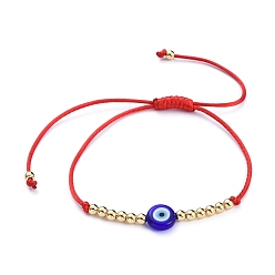 Blue Adjustable Nylon Cord Braided Bead Bracelets, with Handmade Evil Eye Lampwork Beads and Brass Beads, Blue, Inner Diameter: 3/4 inch~3-3/4 inch(2~9.5cm)