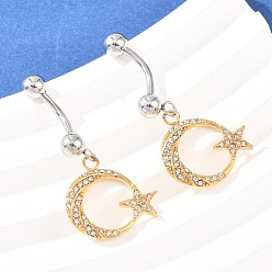 Золотой & Цвет Нержавеющей Стали 316 Изогнутые кольца для пупка в форме штанги из нержавеющей стали с кристаллами и стразами, монн со звездой, золотые и нержавеющая сталь цвет, 37 мм, штифты : 1.8 мм